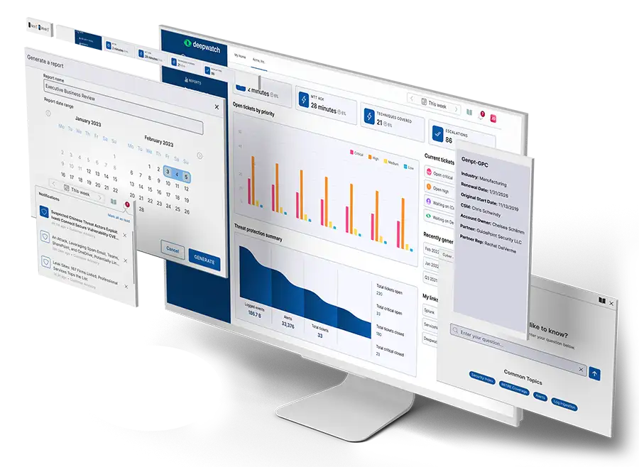 Deepwatch Security Center View of different screens with graphs and visuals from within the Deepwatch Security Center interface